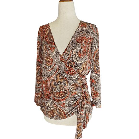 Y2k Fall Fairy Sequin Paisly 3/4 Sleeve Dressbarn Deep V Blouse- Small - Picture 2 of 7